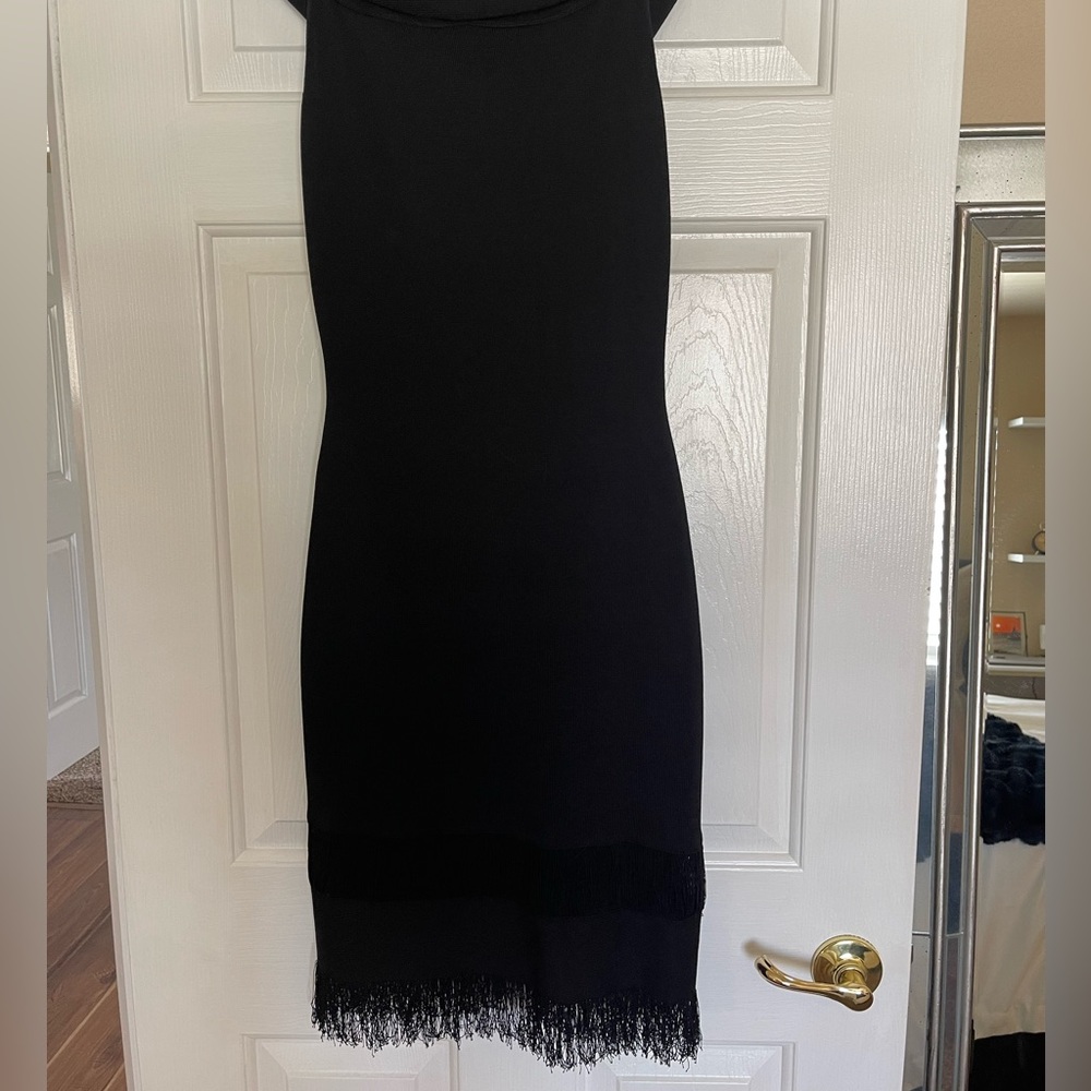 Sachin and Babi black knit cocktail dress off the shoulder with exposed back zip